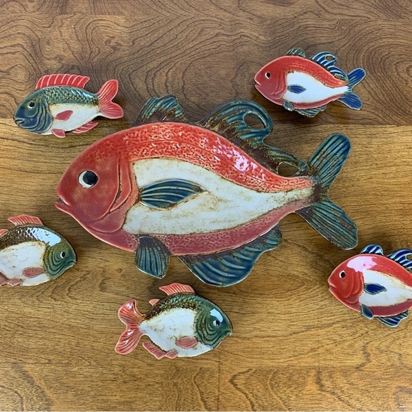 Pier 1 Imports Other - Pier 1 Imports Fish Tray Sushi Platter Porcelain Set Of 6 Handpainted Whimsical